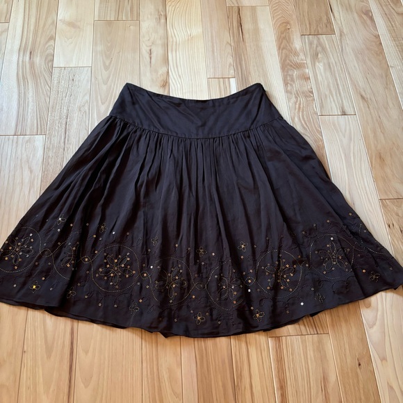 Y2K Express Boho Sequin Embellished Embroidered Brown Silk Cotton Skirt - Picture 1 of 12